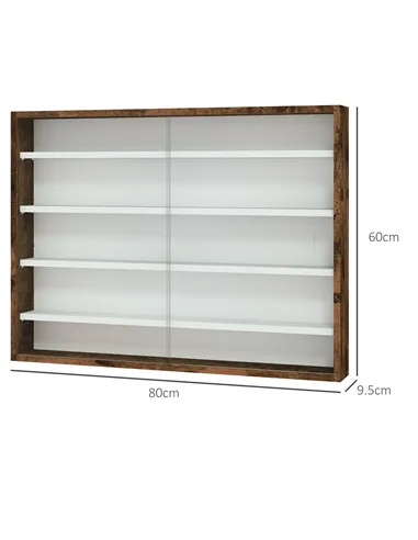 HOMCOM 5-Tier Wall Display Shelf Unit Cabinet w/ 4 Adjustable Shelves Glass Doors Home Office Ornaments 60x80cm Rustic brown