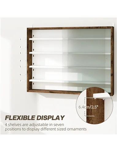 HOMCOM 5-Tier Wall Display Shelf Unit Cabinet w/ 4 Adjustable Shelves Glass Doors Home Office Ornaments 60x80cm Rustic brown