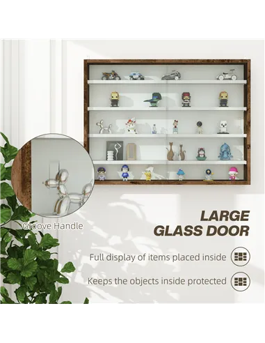 HOMCOM 5-Tier Wall Display Shelf Unit Cabinet w/ 4 Adjustable Shelves Glass Doors Home Office Ornaments 60x80cm Rustic brown