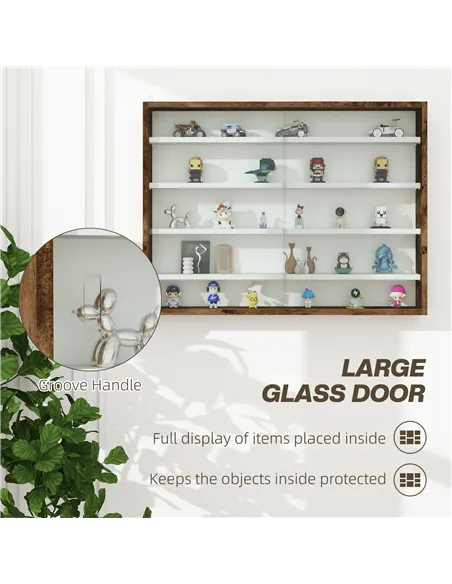 HOMCOM 5-Tier Wall Display Shelf Unit Cabinet w/ 4 Adjustable Shelves Glass Doors Home Office Ornaments 60x80cm Rustic brown