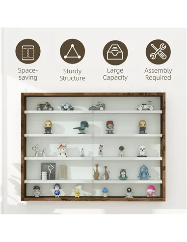 HOMCOM 5-Tier Wall Display Shelf Unit Cabinet w/ 4 Adjustable Shelves Glass Doors Home Office Ornaments 60x80cm Rustic brown