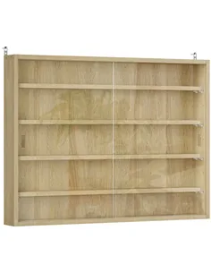 HOMCOM 5-Tier Wall Display Shelf Unit Cabinet w/ 4 Adjustable Shelves Glass Doors Home Office Ornaments 60x80cm Oak
