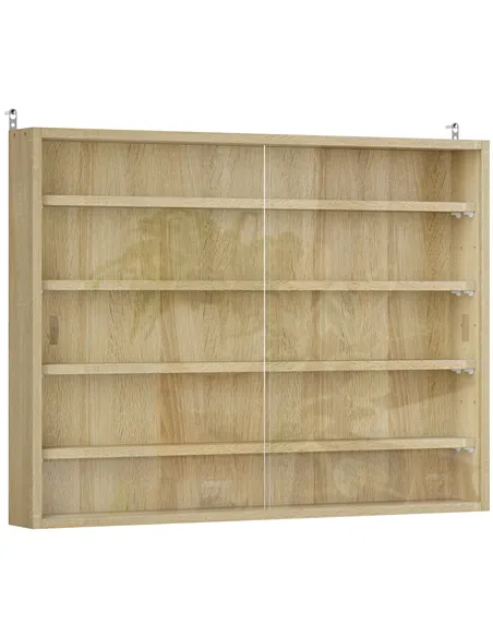 HOMCOM 5-Tier Wall Display Shelf Unit Cabinet w/ 4 Adjustable Shelves Glass Doors Home Office Ornaments 60x80cm Oak