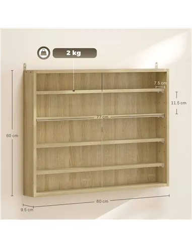 HOMCOM 5-Tier Wall Display Shelf Unit Cabinet w/ 4 Adjustable Shelves Glass Doors Home Office Ornaments 60x80cm Oak