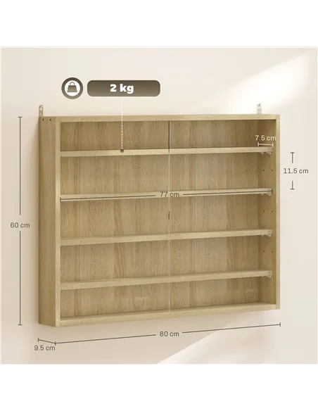 HOMCOM 5-Tier Wall Display Shelf Unit Cabinet w/ 4 Adjustable Shelves Glass Doors Home Office Ornaments 60x80cm Oak