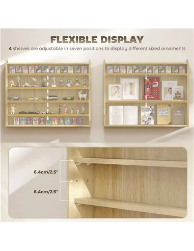 HOMCOM 5-Tier Wall Display Shelf Unit Cabinet w/ 4 Adjustable Shelves Glass Doors Home Office Ornaments 60x80cm Oak