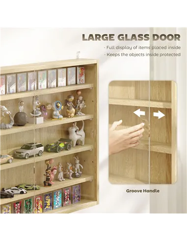 HOMCOM 5-Tier Wall Display Shelf Unit Cabinet w/ 4 Adjustable Shelves Glass Doors Home Office Ornaments 60x80cm Oak