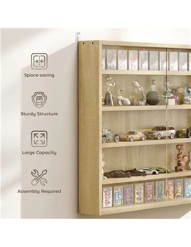 HOMCOM 5-Tier Wall Display Shelf Unit Cabinet w/ 4 Adjustable Shelves Glass Doors Home Office Ornaments 60x80cm Oak