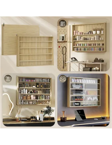 HOMCOM 5-Tier Wall Display Shelf Unit Cabinet w/ 4 Adjustable Shelves Glass Doors Home Office Ornaments 60x80cm Oak