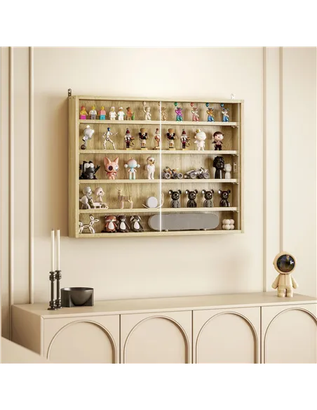 HOMCOM 5-Tier Wall Display Shelf Unit Cabinet w/ 4 Adjustable Shelves Glass Doors Home Office Ornaments 60x80cm Oak