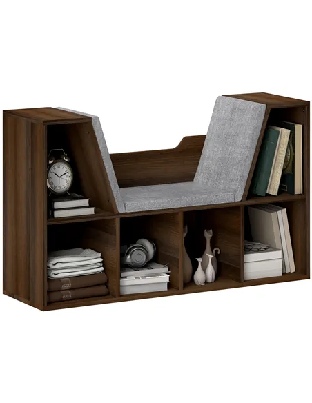 HOMCOM Bookcase Storage Shelf with Cushioned Reading Seat, Cube Bookshelf Organizer for Bedroom Living Room, Chestnut