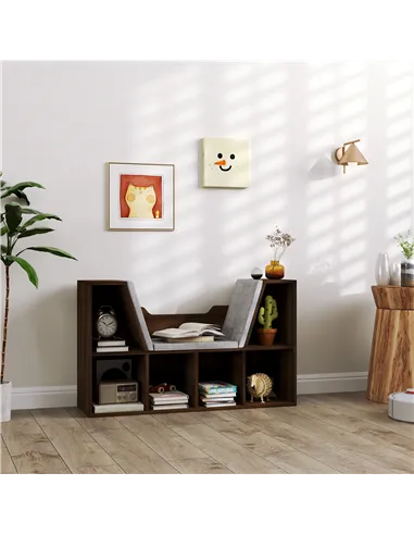 HOMCOM Bookcase Storage Shelf with Cushioned Reading Seat, Cube Bookshelf Organizer for Bedroom Living Room, Chestnut