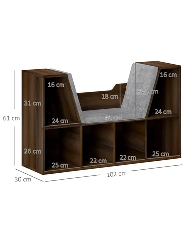 HOMCOM Bookcase Storage Shelf with Cushioned Reading Seat, Cube Bookshelf Organizer for Bedroom Living Room, Chestnut