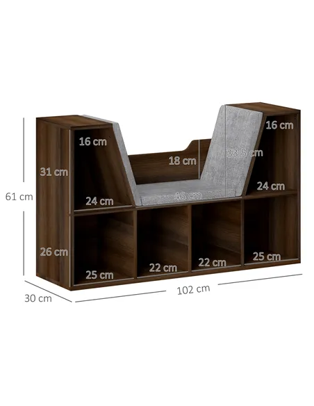 HOMCOM Bookcase Storage Shelf with Cushioned Reading Seat, Cube Bookshelf Organizer for Bedroom Living Room, Chestnut