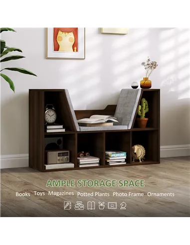 HOMCOM Bookcase Storage Shelf with Cushioned Reading Seat, Cube Bookshelf Organizer for Bedroom Living Room, Chestnut