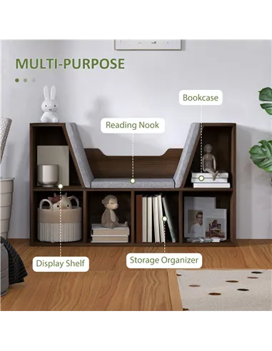 HOMCOM Bookcase Storage Shelf with Cushioned Reading Seat, Cube Bookshelf Organizer for Bedroom Living Room, Chestnut