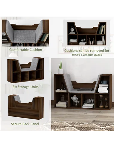 HOMCOM Bookcase Storage Shelf with Cushioned Reading Seat, Cube Bookshelf Organizer for Bedroom Living Room, Chestnut