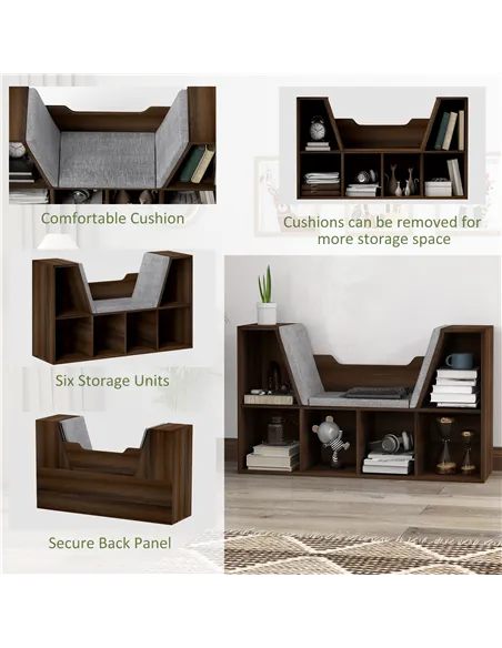 HOMCOM Bookcase Storage Shelf with Cushioned Reading Seat, Cube Bookshelf Organizer for Bedroom Living Room, Chestnut