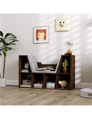 HOMCOM Bookcase Storage Shelf with Cushioned Reading Seat, Cube Bookshelf Organizer for Bedroom Living Room, Chestnut