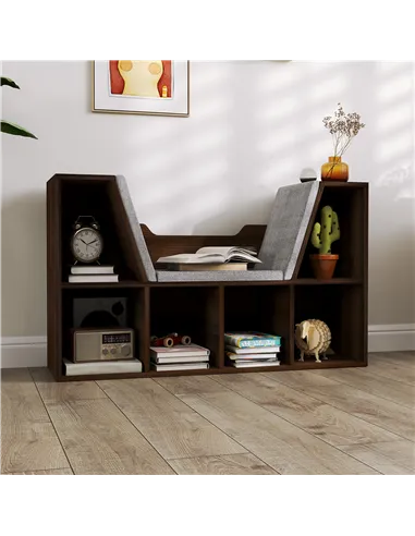 HOMCOM Bookcase Storage Shelf with Cushioned Reading Seat, Cube Bookshelf Organizer for Bedroom Living Room, Chestnut