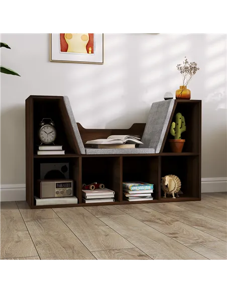 HOMCOM Bookcase Storage Shelf with Cushioned Reading Seat, Cube Bookshelf Organizer for Bedroom Living Room, Chestnut