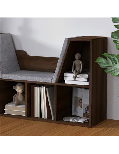 HOMCOM Bookcase Storage Shelf with Cushioned Reading Seat, Cube Bookshelf Organizer for Bedroom Living Room, Chestnut