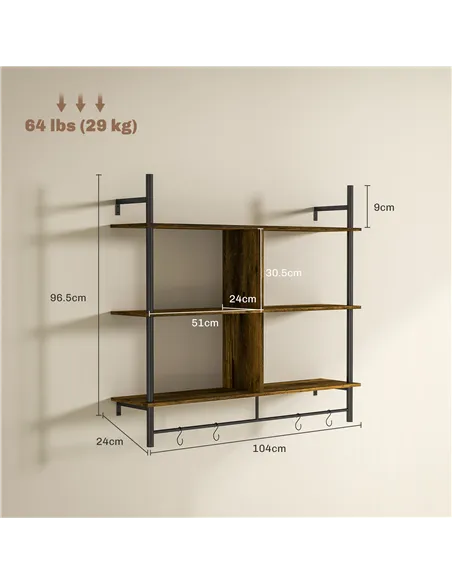 HOMCOM Three-Tier Floating Shelf - Brown/Black