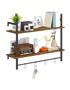 HOMCOM Wall Mounted Floating Shelves with 4 Hooks, Rustic Wall Shelf Unit for Living Room, Entryway, Rustic Brown