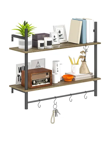 HOMCOM Wall Mounted Floating Shelves with 4 Hooks, Rustic Wall Shelf Unit for Living Room, Entryway, Grey