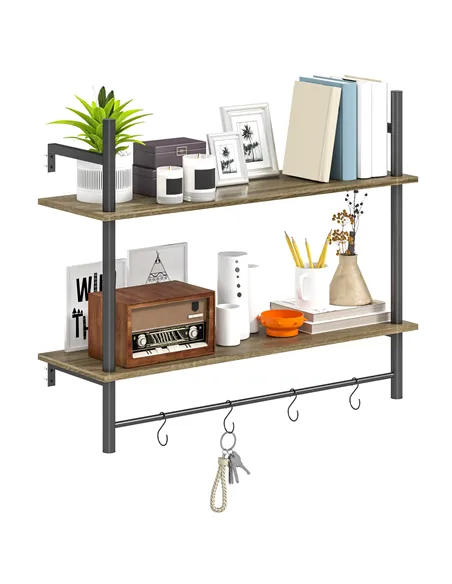 HOMCOM Wall Mounted Floating Shelves with 4 Hooks, Rustic Wall Shelf Unit for Living Room, Entryway, Grey
