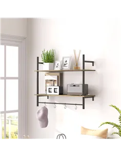 HOMCOM Wall Mounted Floating Shelves with 4 Hooks, Rustic Wall Shelf Unit for Living Room, Entryway, Grey 2