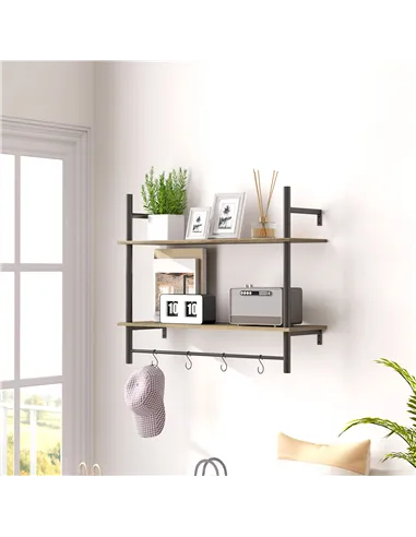 HOMCOM Wall Mounted Floating Shelves with 4 Hooks, Rustic Wall Shelf Unit for Living Room, Entryway, Grey