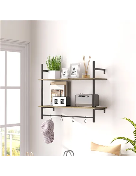 HOMCOM Wall Mounted Floating Shelves with 4 Hooks, Rustic Wall Shelf Unit for Living Room, Entryway, Grey