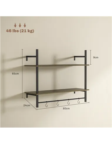 HOMCOM Wall Mounted Floating Shelves with 4 Hooks, Rustic Wall Shelf Unit for Living Room, Entryway, Grey