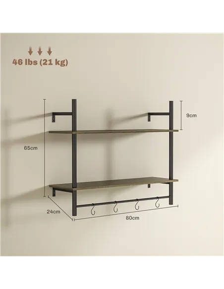 HOMCOM Wall Mounted Floating Shelves with 4 Hooks, Rustic Wall Shelf Unit for Living Room, Entryway, Grey