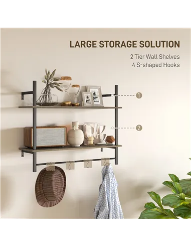 HOMCOM Wall Mounted Floating Shelves with 4 Hooks, Rustic Wall Shelf Unit for Living Room, Entryway, Grey