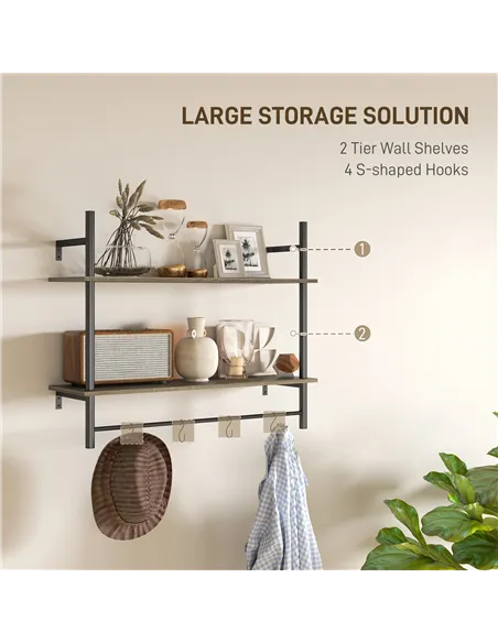 HOMCOM Wall Mounted Floating Shelves with 4 Hooks, Rustic Wall Shelf Unit for Living Room, Entryway, Grey