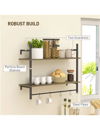 HOMCOM Wall Mounted Floating Shelves with 4 Hooks, Rustic Wall Shelf Unit for Living Room, Entryway, Grey