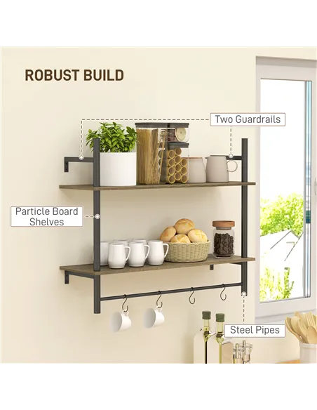 HOMCOM Wall Mounted Floating Shelves with 4 Hooks, Rustic Wall Shelf Unit for Living Room, Entryway, Grey