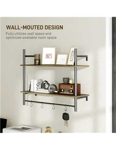 HOMCOM Wall Mounted Floating Shelves with 4 Hooks, Rustic Wall Shelf Unit for Living Room, Entryway, Grey
