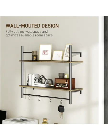 HOMCOM Wall Mounted Floating Shelves with 4 Hooks, Rustic Wall Shelf Unit for Living Room, Entryway, Grey