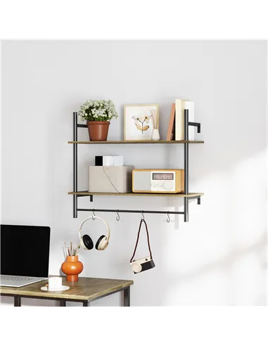 HOMCOM Wall Mounted Floating Shelves with 4 Hooks, Rustic Wall Shelf Unit for Living Room, Entryway, Grey