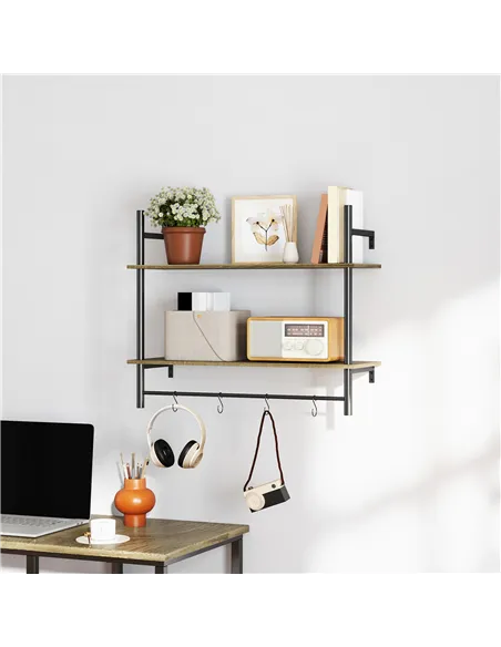 HOMCOM Wall Mounted Floating Shelves with 4 Hooks, Rustic Wall Shelf Unit for Living Room, Entryway, Grey