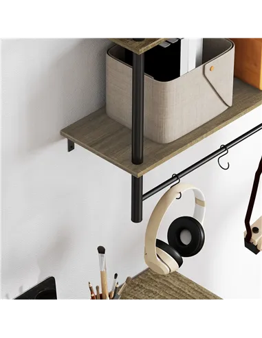 HOMCOM Wall Mounted Floating Shelves with 4 Hooks, Rustic Wall Shelf Unit for Living Room, Entryway, Grey