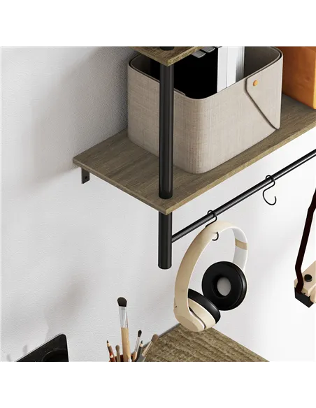 HOMCOM Wall Mounted Floating Shelves with 4 Hooks, Rustic Wall Shelf Unit for Living Room, Entryway, Grey