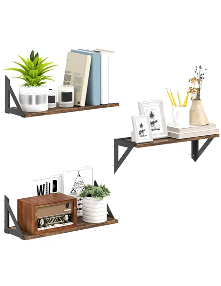 HOMCOM Set of 3 Wall Shelves, 43cm Vintage Wall Mounted Floating Shelves for Living Room, Entryway, Bedroom, Rustic Brown