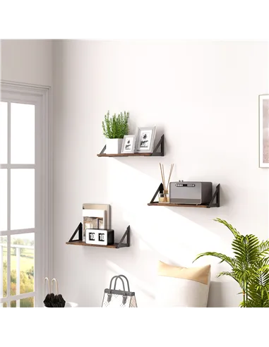 HOMCOM Set of 3 Wall Shelves, 43cm Vintage Wall Mounted Floating Shelves for Living Room, Entryway, Bedroom, Rustic Brown