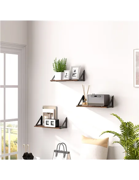 HOMCOM Set of 3 Wall Shelves, 43cm Vintage Wall Mounted Floating Shelves for Living Room, Entryway, Bedroom, Rustic Brown