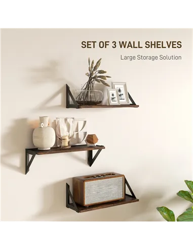 HOMCOM Set of 3 Wall Shelves, 43cm Vintage Wall Mounted Floating Shelves for Living Room, Entryway, Bedroom, Rustic Brown
