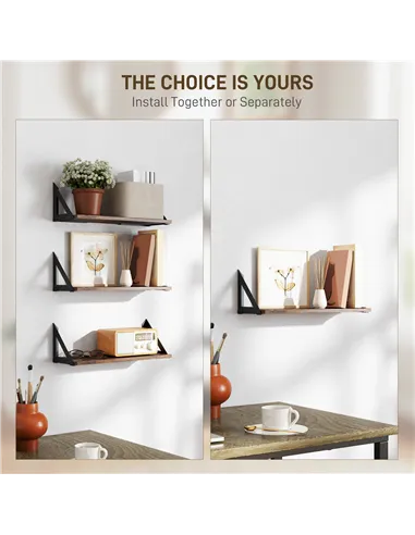 HOMCOM Set of 3 Wall Shelves, 43cm Vintage Wall Mounted Floating Shelves for Living Room, Entryway, Bedroom, Rustic Brown